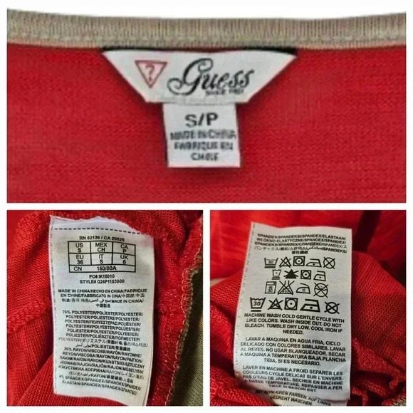 Guess Women's Red Dolman Sleeve Beige Tie Waist Pullover Blouse Size Small - Picture 4 of 8